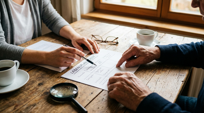 Hände einer Beraterin und eines Seniors auf einem Tisch, die gemeinsam einen schriftlichen Plan durchgehen.
