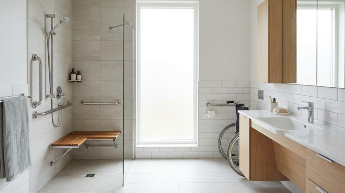 Barrierefreie Dusche mit Haltegriffen und Duschsitz in hellem Badezimmer.