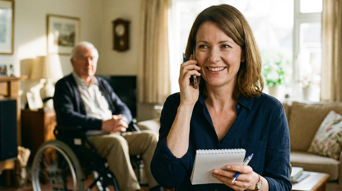 Tochter telefoniert freundlich, hält Notizblock in der Hand, im Hintergrund unscharf der pflegebedürftige Vater.