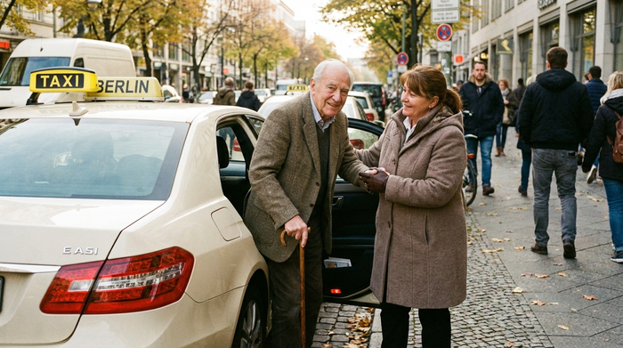 Älterer Herr mit Gehstock wird von freundlicher Taxifahrerin beim Einsteigen unterstützt