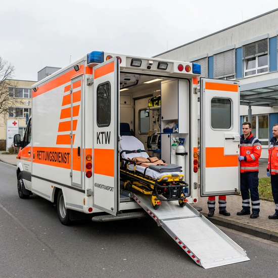 Krankenwagen (KTW) steht bereit mit geöffneten Hecktüren für Liegendtransport
