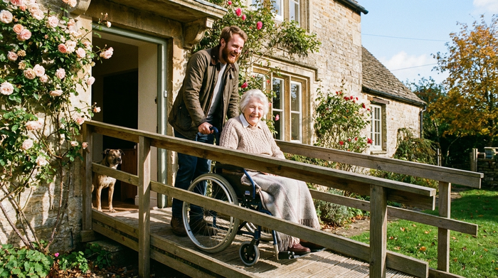 Seniorin im Rollstuhl wird über eine Rampe ins Haus begleitet