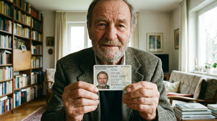 Senior hält Ausweisdokument in der Hand