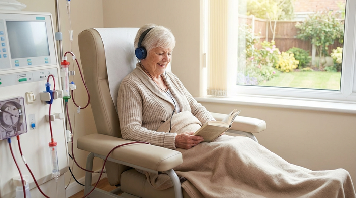 Dialysepatientin sitzt entspannt im Behandlungsstuhl