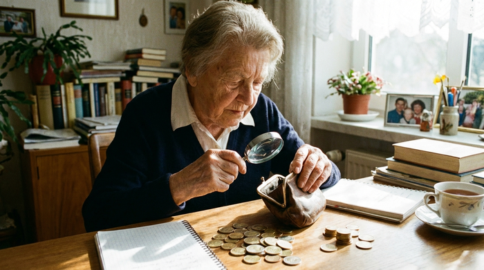 Seniorin zählt Münzgeld in ihrem Portemonnaie an einem Tisch