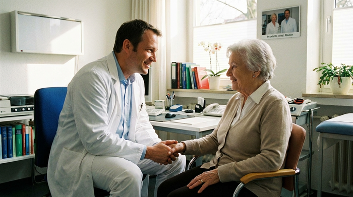 Freundlicher Arzt im Gespräch mit einer Seniorin im Behandlungszimmer