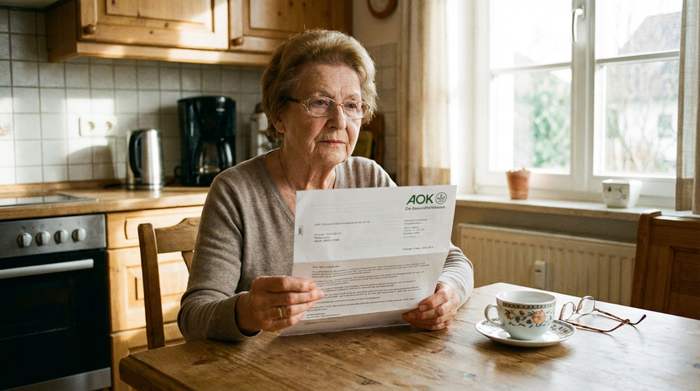 Seniorin sitzt am Küchentisch und hält einen Brief der Krankenkasse in der Hand, nachdenklicher aber gefasster Ausdruck, Brille und Teetasse auf dem Tisch