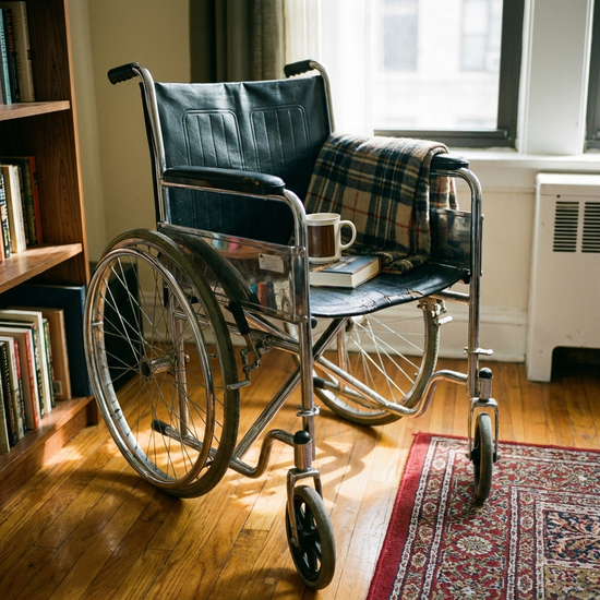 Nahaufnahme eines Standard-Rollstuhls in einer Wohnung