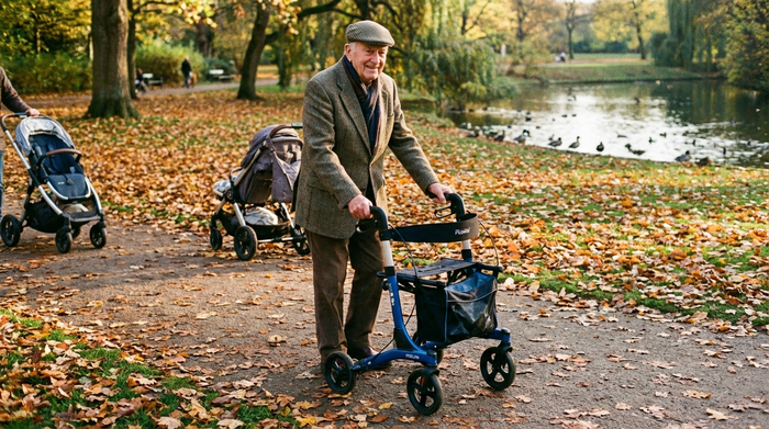 Älterer Herr nutzt einen Rollator für den Spaziergang im Park