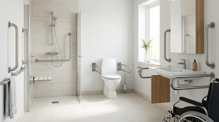 Barrierefreies Badezimmer mit Haltegriffen an der Wand