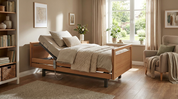 Pflegebett mit verstellbarem Kopfteil in wohnlicher Umgebung