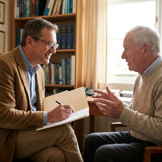 Arzt im Gespräch mit einem Patienten, schreibt Notizen in eine Akte