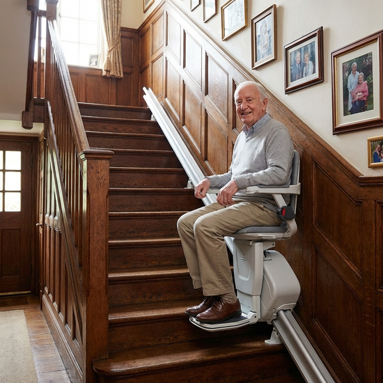 Treppenlift an einer geraden Holztreppe in einem Wohnhaus