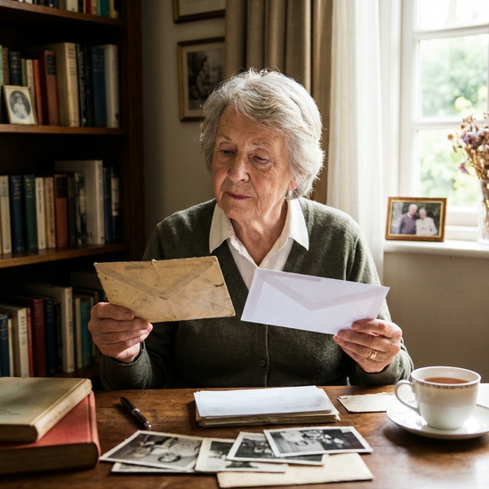 Seniorin sitzt am Schreibtisch und betrachtet nachdenklich zwei unterschiedliche Briefumschläge