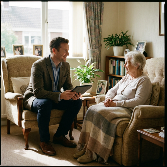 Freundlicher Gutachter im Gespräch mit Seniorin im Wohnzimmer, beide sitzen auf Sesseln