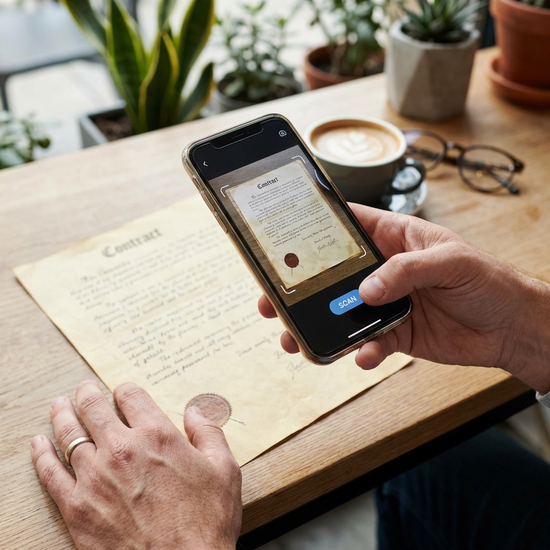 Hände halten Smartphone und fotografieren Dokument für eine App