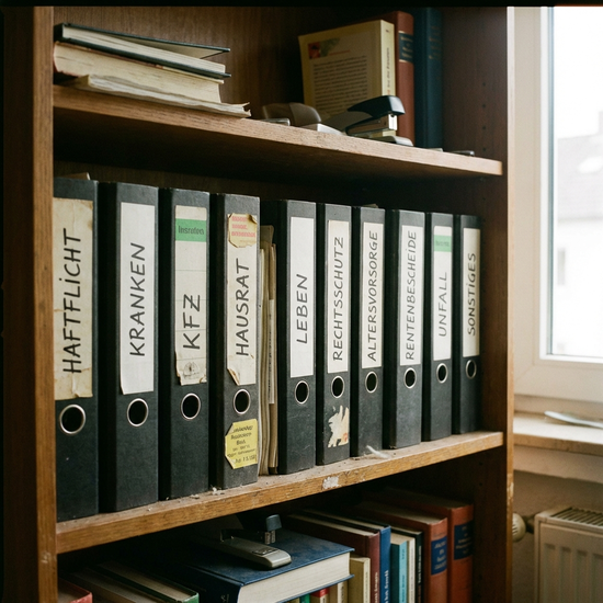 Ordner mit beschrifteten Registern für Versicherungsunterlagen im Regal