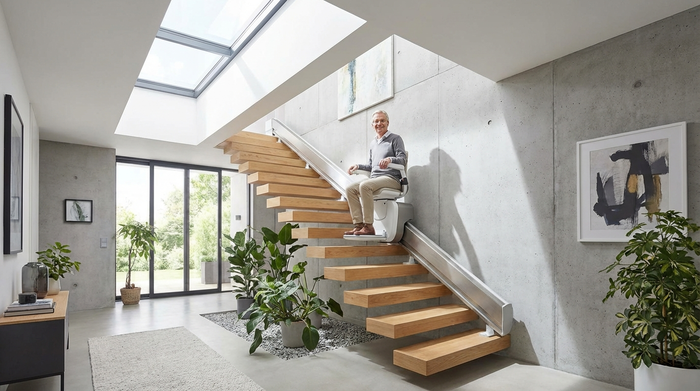 Moderner Treppenlift in einem hellen Treppenhaus