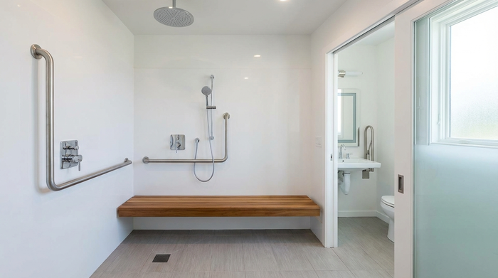 Barrierefreie Dusche mit Haltegriff und Duschsitz
