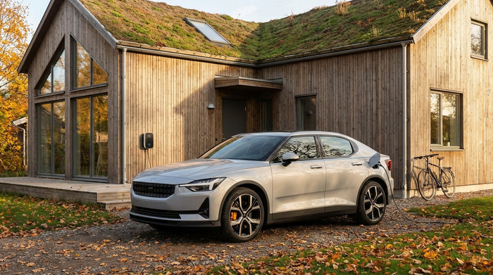 Elektromobil steht vor einem Wohnhaus