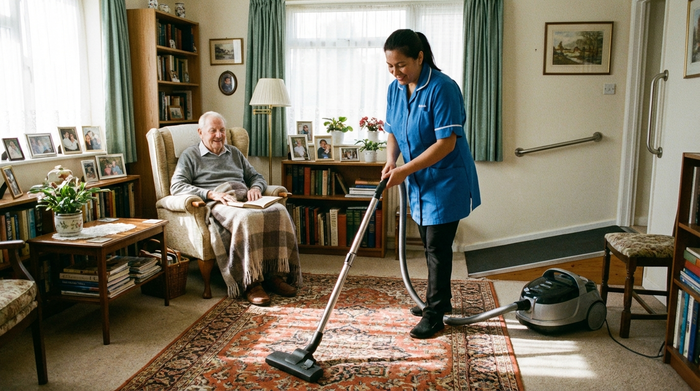 Pflegerin saugt den Teppich in einem gemütlichen, seniorengerechten Wohnzimmer