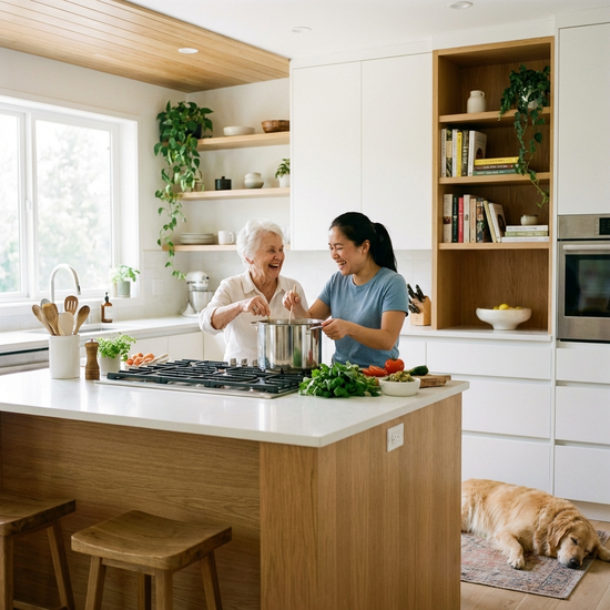 Seniorin und Haushaltshilfe kochen gemeinsam in einer hellen, modernen Küche