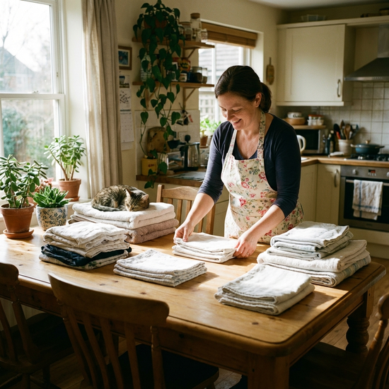 Haushaltshilfe legt am Tisch frische Wäsche ordentlich zusammen