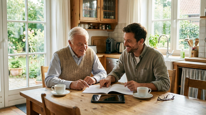Senior und Berater sitzen entspannt am Küchentisch und besprechen Dokumente