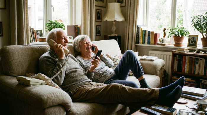 Älteres Ehepaar telefoniert entspannt am Sofa im Wohnzimmer
