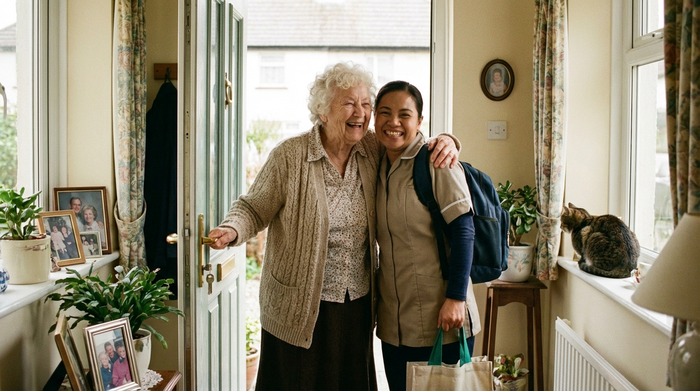 Haushaltshilfe wird freundlich von einer Seniorin an der Haustür begrüßt