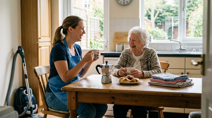 Haushaltshilfe und Seniorin trinken gemeinsam Kaffee nach getaner Arbeit