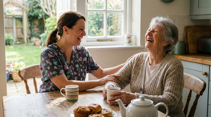 Freundliche Pflegerin und Seniorin lachen gemeinsam am Küchentisch bei einer Tasse Tee