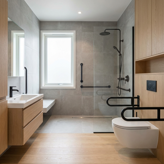 Modernes, barrierefreies Badezimmer mit bodengleicher Dusche und Haltegriffen