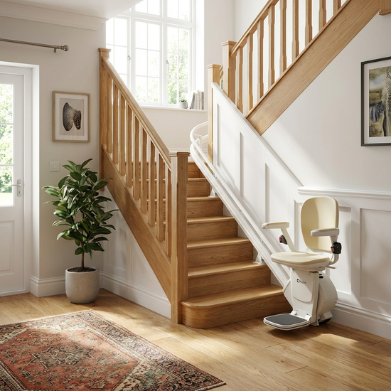 Treppenlift in einem hellen, gepflegten Treppenhaus