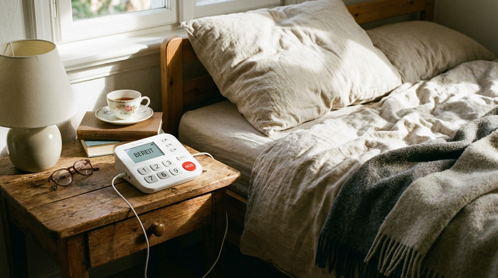 Hausnotruf-Gerät auf einem Nachttisch neben dem Bett