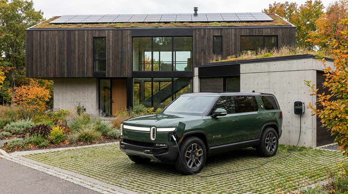 Modernes Elektromobil steht sicher geparkt vor einem Haus