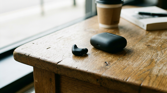Unauffälliges, modernes Hörgerät auf einem Holztisch