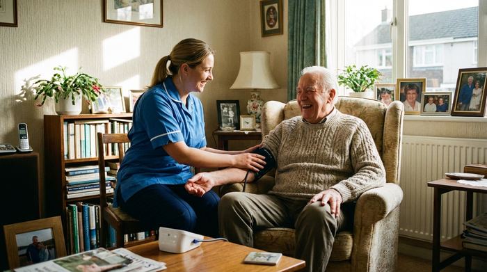 Pflegerin hilft älterem Herrn beim Anlegen einer Blutdruckmanschette im Wohnzimmer