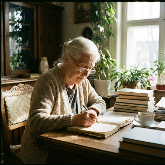 Seniorin führt konzentriert Notizen in einem Notizbuch am Schreibtisch