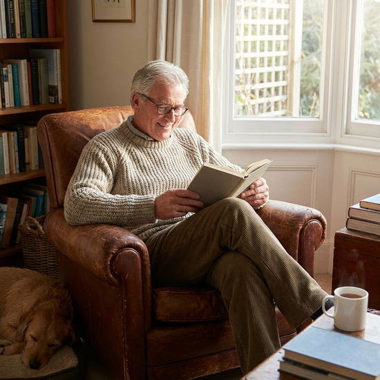 Entspannter Senior sitzt gemütlich im Sessel und liest