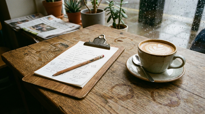 Klemmbrett mit Stift neben einer Tasse Kaffee auf einem Holztisch