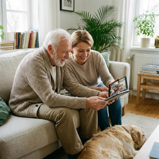 Älterer Herr und Pflegerin schauen gemeinsam entspannt auf ein Tablet