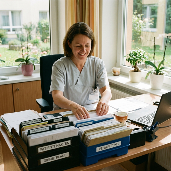 Pflegekraft sortiert übersichtlich Dokumente an einem Schreibtisch