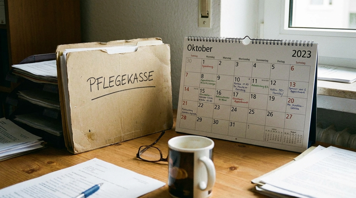 Ordner mit der Aufschrift 'Pflegekasse' und ein Kalender auf einem Tisch