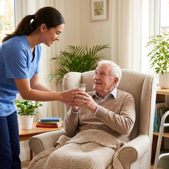 Pflegekraft reicht einem Senior ein Glas Wasser