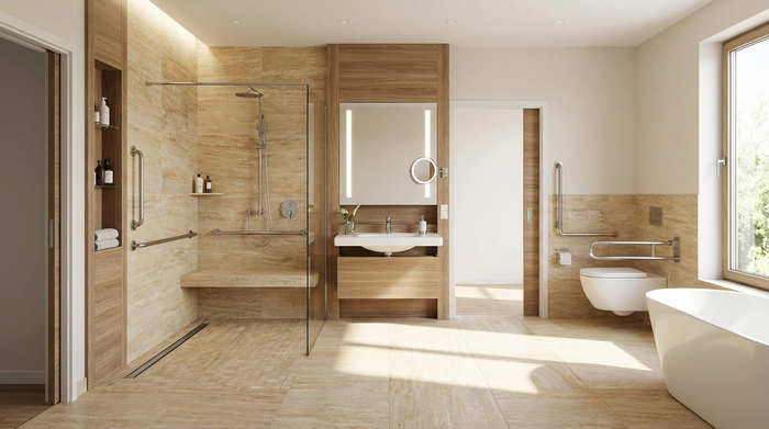 Modernes, barrierefreies Badezimmer mit bodengleicher Dusche