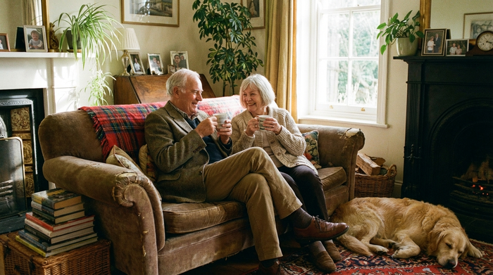 Älteres Ehepaar sitzt entspannt auf dem Sofa und trinkt Tee
