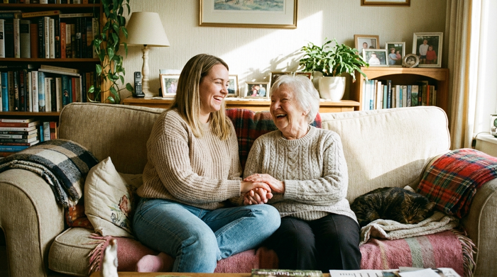 Lächelnde Tochter sitzt mit ihrer älteren Mutter auf dem Sofa, entspannte und vertraute häusliche Atmosphäre