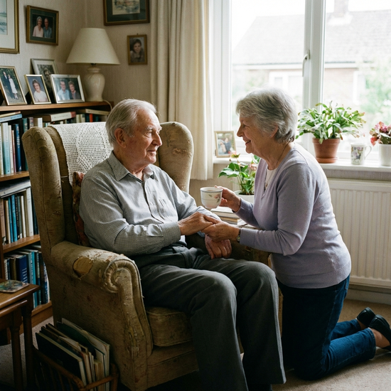Älterer Herr wird von seiner Ehefrau liebevoll zu Hause betreut
