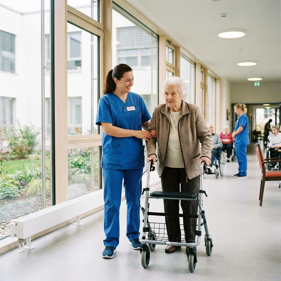 Professionelle Pflegekraft in blauer Berufskleidung hilft Seniorin beim Gehen